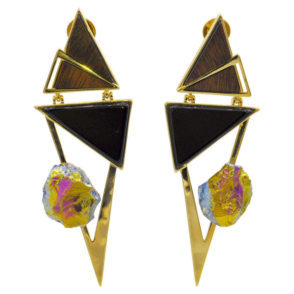 BOUCLE D'OREILLE GRAPHIQUE - ONYX - QUARTZ DRUSE MULTICOLORE - BOIS - MY LITTLE VENDOME