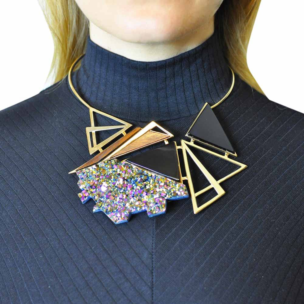 COLLIER PLASTRON OR 18 CARATS - ONYX, TITANIUM & BOIS - MY LITTLE VENDOME