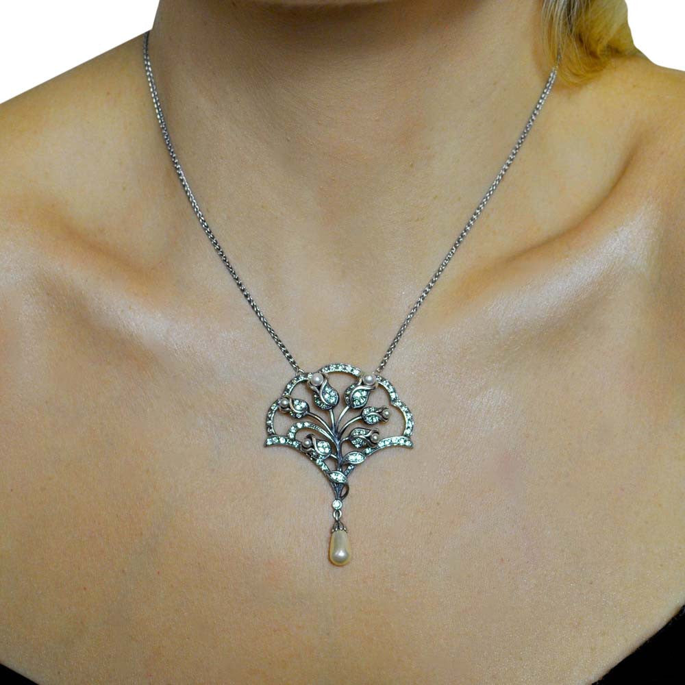 COLLIER  ART DÉCO FLEUR EN ARGENT 925, PERLES NATURELLES ET PIERRES SEMI PRÉCIEUSES - MY LITTLE VENDOME