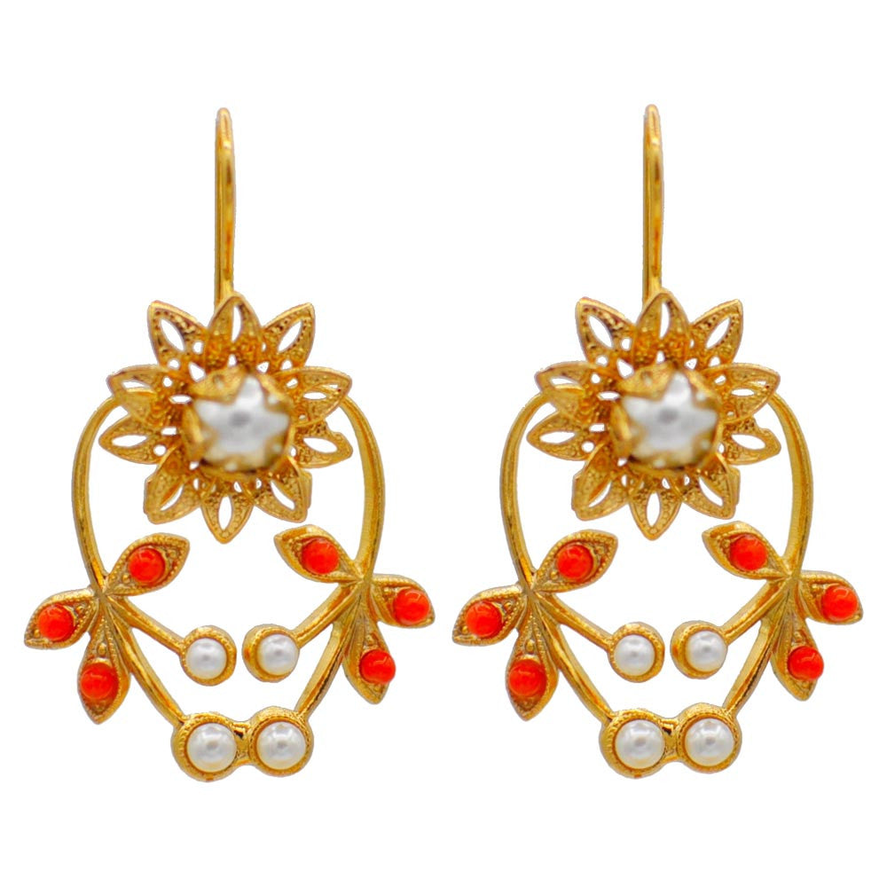BOUCLES D'OREILLES PERLE & CORAIL, FLEUR, BOUCLE OREILLE ART NOUVEAU, BOUCLES D'OREILLES OR ROSE VENITIEN 14 CARATS - MY LITTLE VENDOME
