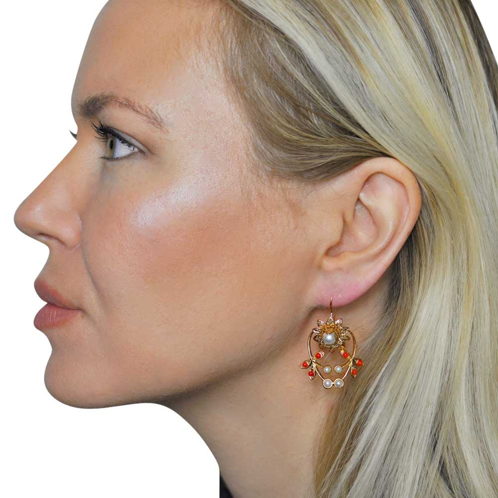 BOUCLES D'OREILLES PERLE & CORAIL, FLEUR, BOUCLE OREILLE ART NOUVEAU, BOUCLES D'OREILLES OR ROSE VENITIEN 14 CARATS - MY LITTLE VENDOME