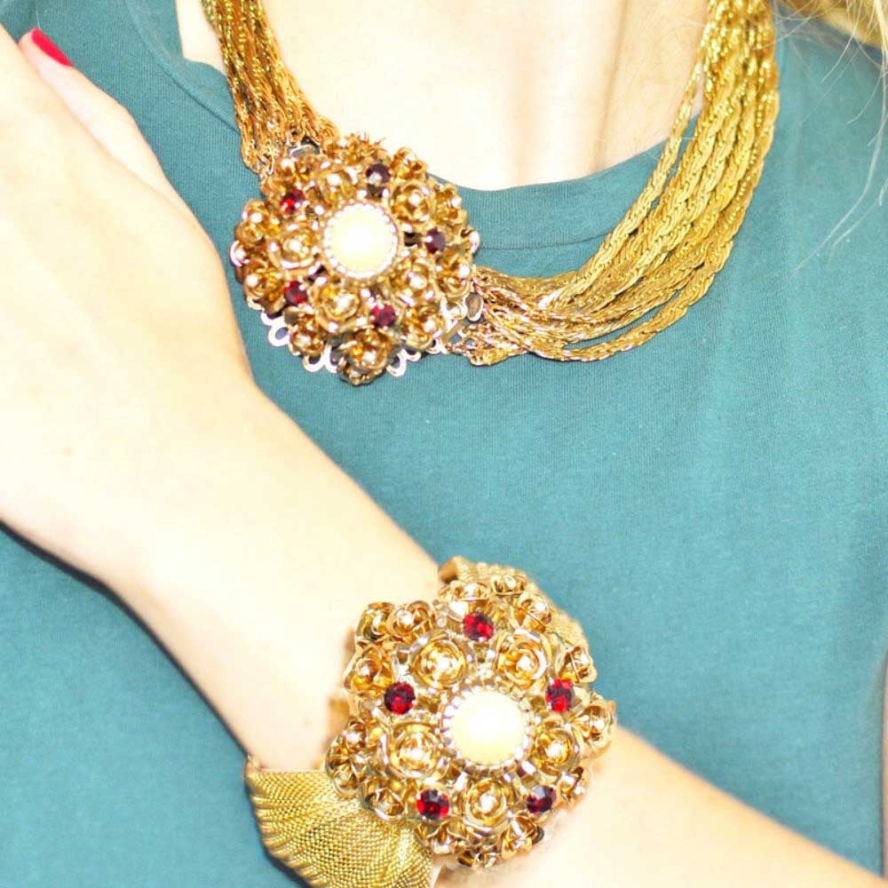 PARURE BIJOUX GRENAT FLEUR CADEAU FEMME Collier + Bracelet manchette - MY LITTLE VENDOME